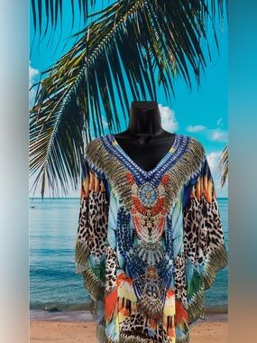 Colorful Beaded V-Neck Kaftan Swim CoverUp⭐️NWT⭐️